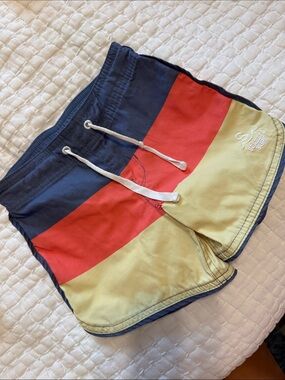 Seaesta Surf Striped Navy, Red & Yellow Kids Swim Shorts